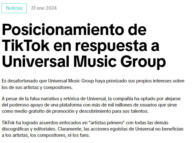 Respuesta de Tiktok a Universal Music Group